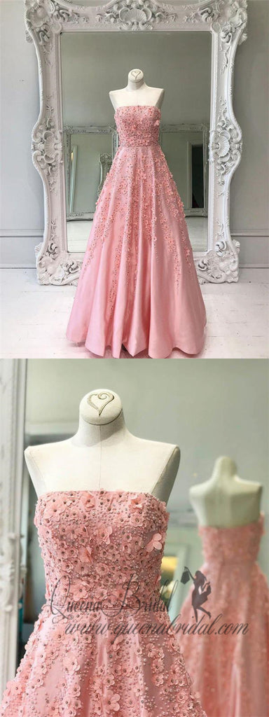 Strapless Beaded Appliqued Pink Long Prom Dresses Quinceanera Dresses, QB0350