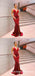 Sexy Mermaid V Neck Spaghetti Straps Red Satin Long with Split Prom Dresses, QB0565