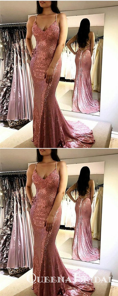 Sparkle Sequined Pink Mermaid Long Cheap Evening Prom Dresses, QB0665