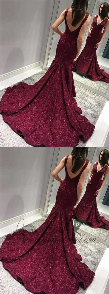 2019 Sexy Backless Maroon Sequin Mermaid Long Evening Prom Dresses, QB0433