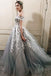 Off Shoulder Grey Lace Beaded A-line Long Evening Prom Dresses, QB0439