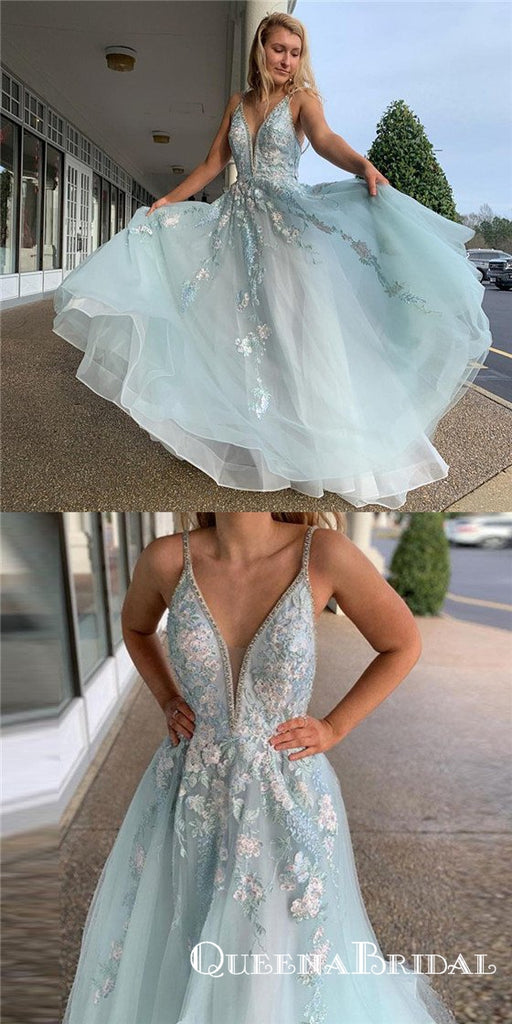 A Line Spaghetti Straps Light Blue Prom Dresses With Beading Appliques, QB0682