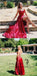 Red Sexy Side Slit Spaghetti Straps Cheap Long Evening Prom Dresses, QB0372