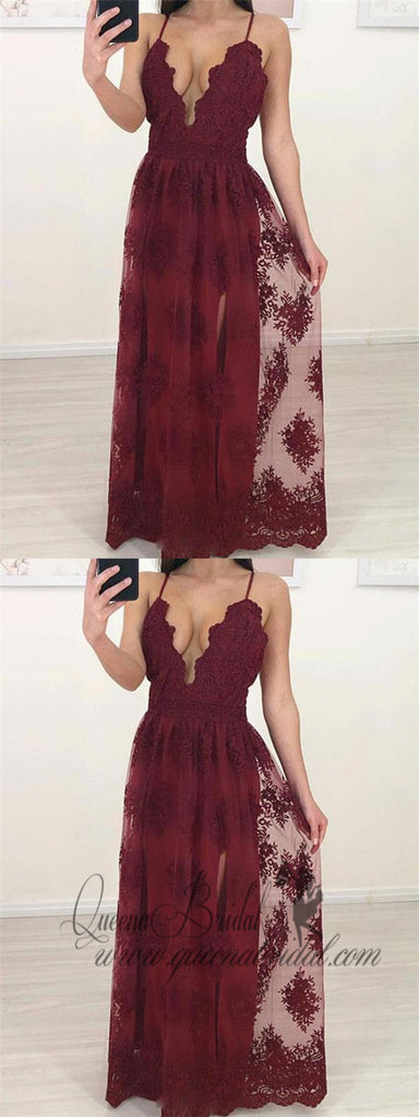 Maroon Charming Custom Side Slit Lace Cheap Long Evening Prom Dresses, QB0364