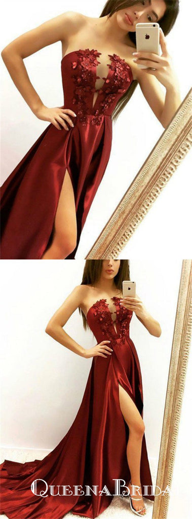Sexy Burgundy Satin Strapless Appliques Prom Dresses With Side Split, QB0713