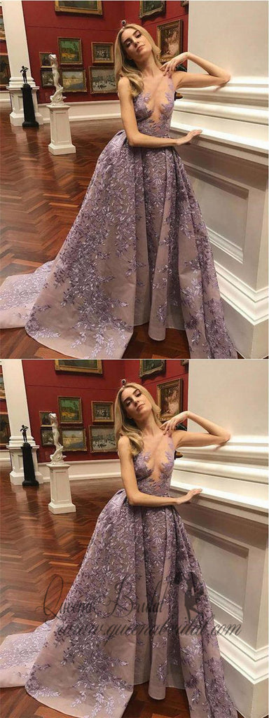 Charming Dusty Purple Lace A line Scoop Cheap Long Evening Prom Dresses, QB0371