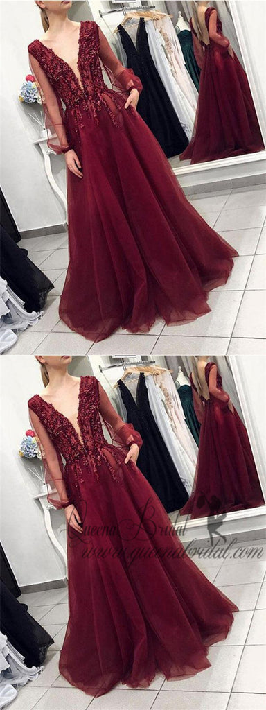 Sexy Backless Long Sleeves Burgundy Lace Long Evening Prom Dresses, QB0398