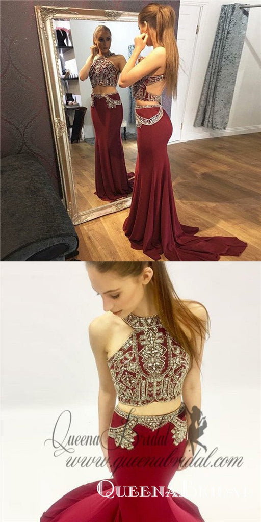 Two Piece Halter Open Back Long Burgundy Prom Dresses with Beading, QB0499