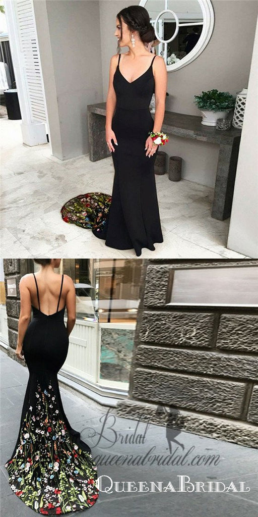2019 Mermaid Spaghetti Straps Long Black Prom Dresses with Embroidery, QB0500
