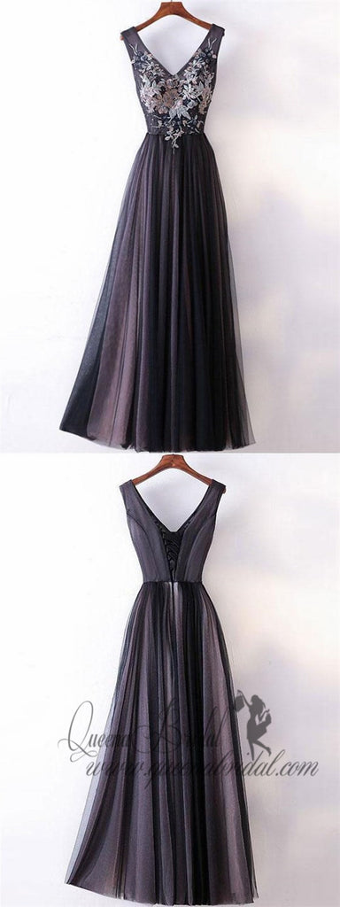 Princess/A-line V-neck Lace Appliqued Simple Long Prom Dresses Evening Gowns, QB0331