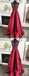 A-line V-neck Beaded Bodice Burgundy Satin Long Prom Dresses, QB0349