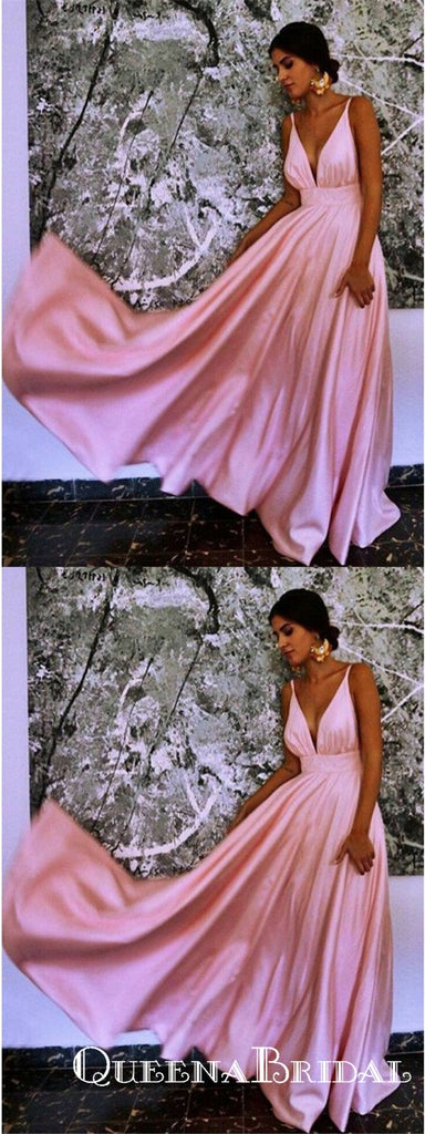 A-Line Spaghetti Straps Sleeveless Pink Floor Length Prom Dresses, QB0735
