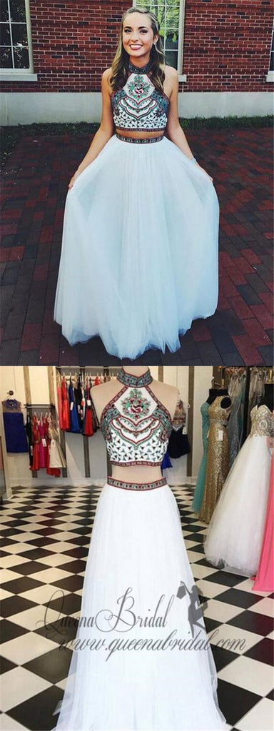 Two Piece Halter Embroidered Boho Prom Dresses White A Line Long Formal Dresses, QB0293