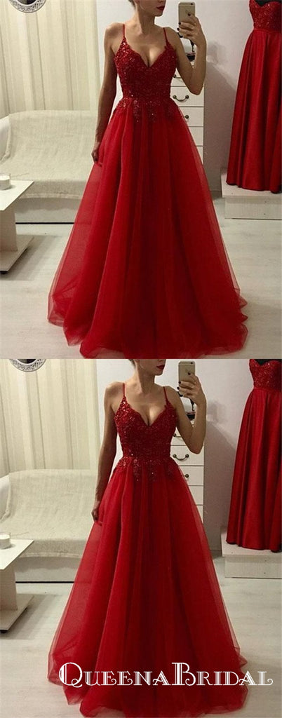 Charming V Neck Spaghetti Straps Dark Red Tulle Long with Beading Prom Dresses, QB0562