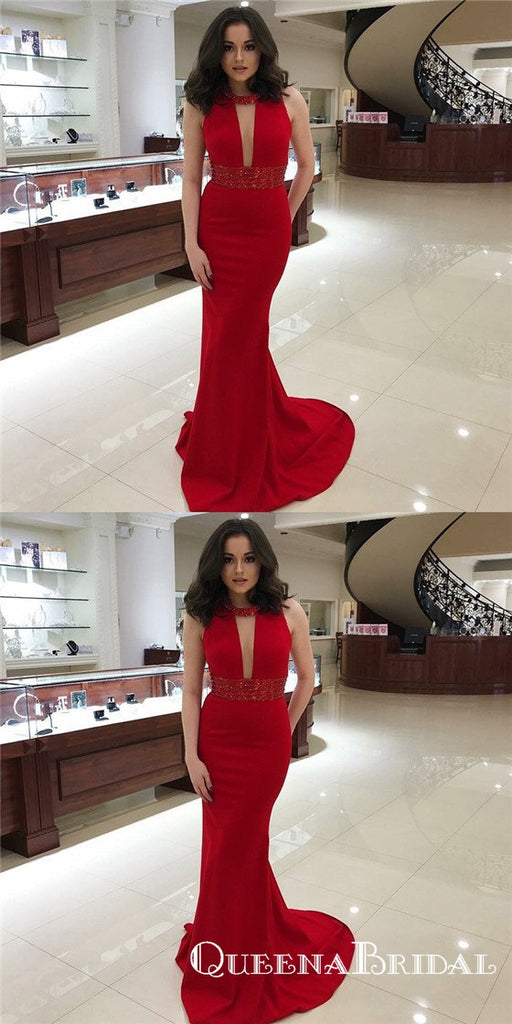 Mermaid Round Neck Red Long Prom Dresses with Beaded Keyhole, QB0517