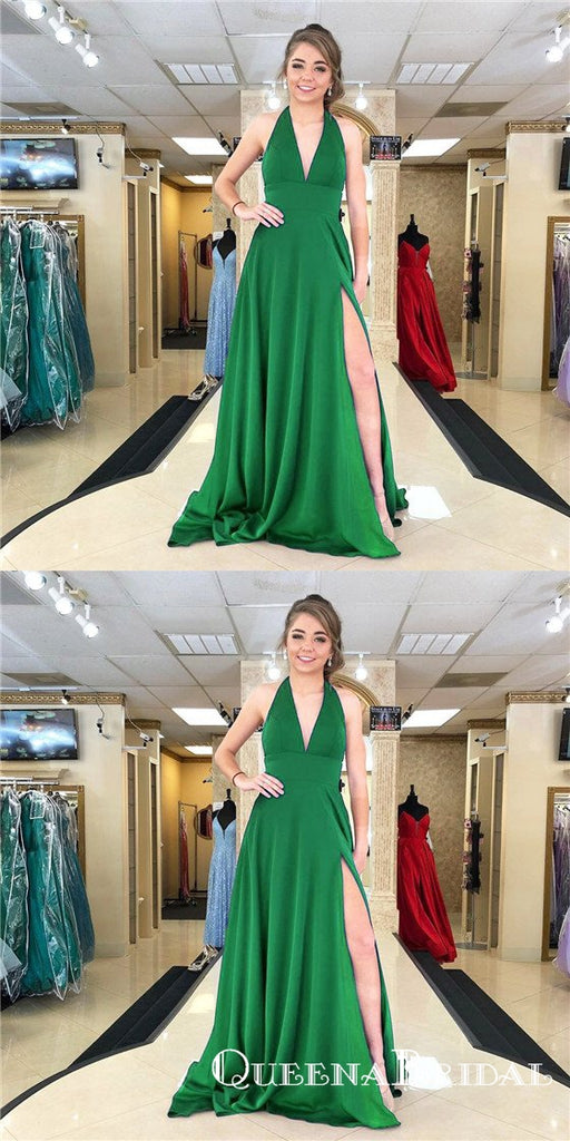 Charming A-Line Halter Long Cheap Prom Dresses with Slit, QB0639