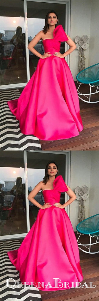 Strapless A Line Hot Pink Long Cheap Satin Prom Dresses With Bow Knot, QB0753