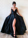 Simple Chaming  A Line V-Neck Floor Length Black Satin Sexy Side Slit Prom Dresses With Pleats, PDS0051