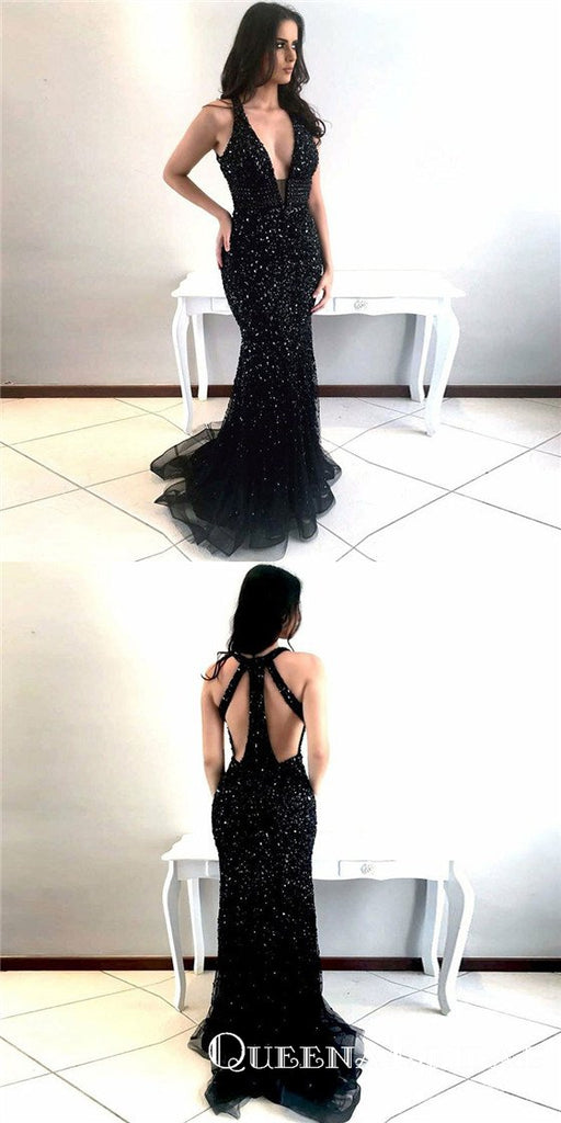 Mermaid Deep V-Neck Open Back Black Prom Dresses with Beading, QB0509