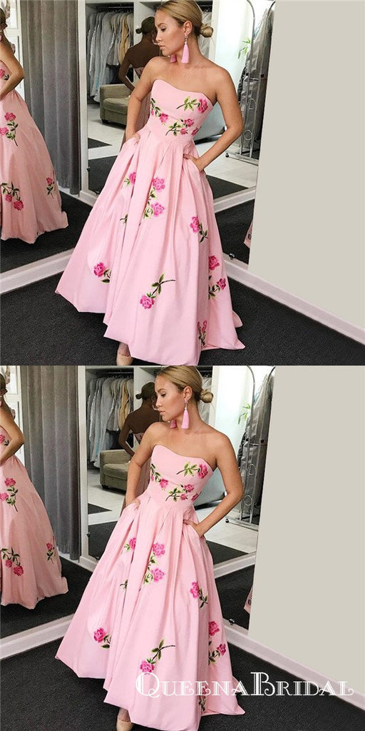 A-Line Sweetheart Pink Long Cheap Prom Dresses with Embroidery&Pockets, QB0502