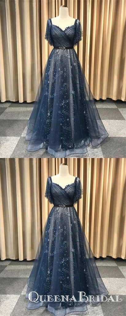 Unique Blue Short Sleeve V Neck Long Cheap Prom Dresses, QB0654