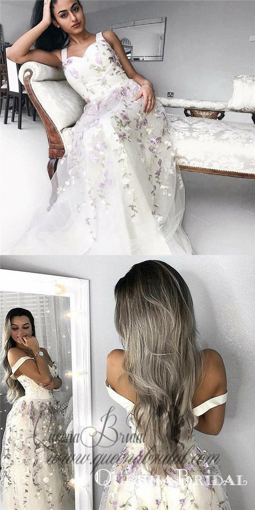 2019 Elegant A-Line Straps Long White Prom Dresses with Appliques, QB0494