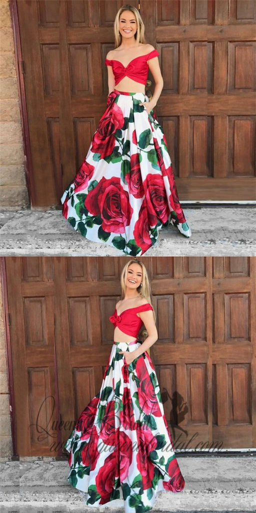 Two Piece Spaghetti Straps Floral Red Satin Prom Dresses with Bow Pockets, QB0252