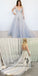 A-Line Deep V-Neck Puff Long Sleeves Grey Tulle Prom Dresses with Beading, QB0236