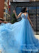 V Neck Sky Blue Spaghetti Straps Appliques Flowers Tiered Tulle A-line Long Cheap Formal Prom Dresses, PDS0042