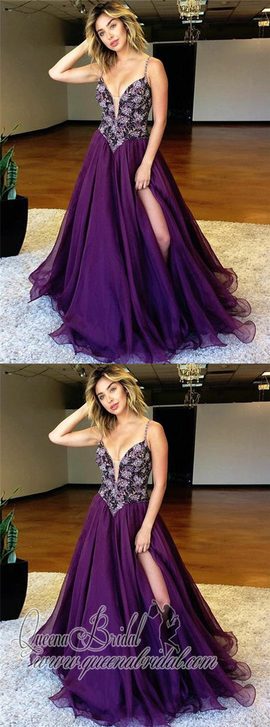 Purple Spaghetti Straps Side Slit Heavily Beaded Long Evening Prom Dresses, QB0380