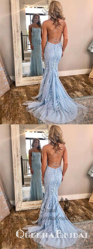 Spaghetti Strap Sky Blue Mermaid Prom Dresses Backless Pageant Formal Dresses, QB0332