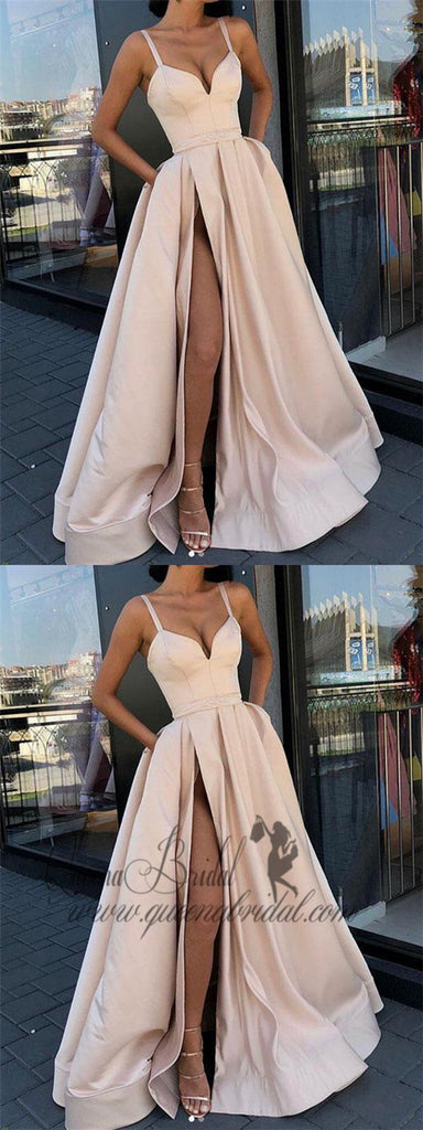 2019 Simple Straps A-line Side Slit Simple Long Evening Prom Dresses, QB0396