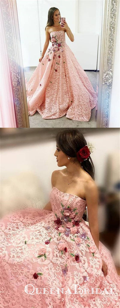 Strapless Pink Lace Long Ball Gown with Floral Embroidery Prom Dresses, QB0602