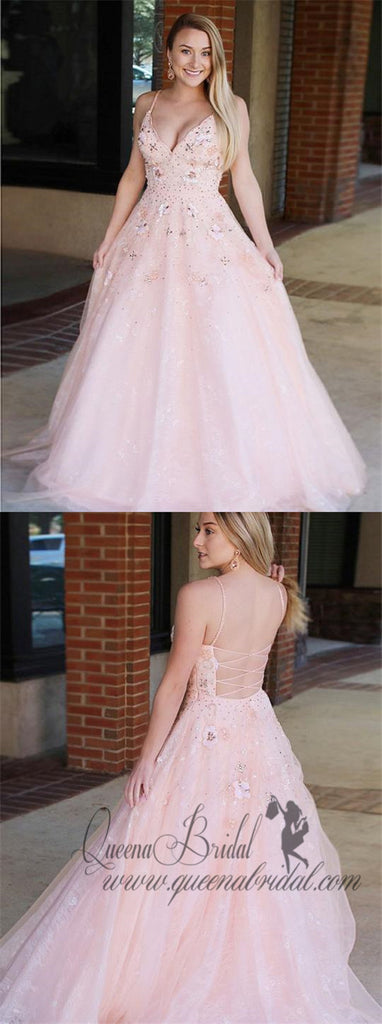 Pink Spaghetti Strap V-neck Tulle Long Prom Dresses With Beaded & Applique, QB0465