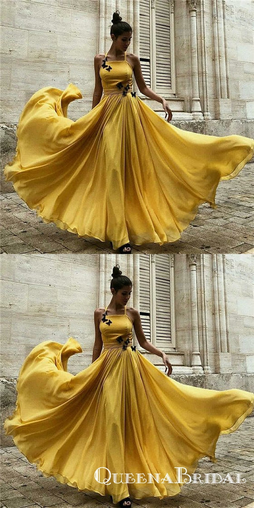 A-Line Halter Long Cheap Yellow Chiffon Prom Dresses with Applique, QB0504