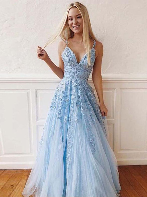 Cheap Blue Lace A-line Long Evening Prom Dresses, Evening Party Prom Dresses, PDS0083