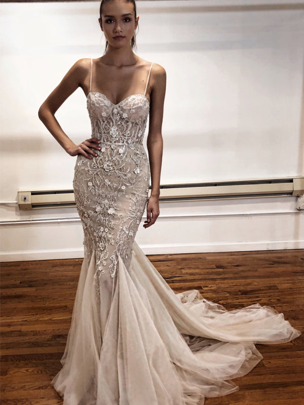 Elegant Spaghetti Strap Lace Appliqued Mermaid Long Cheap Prom Dresses, PDS0089