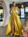 Simple Charming One Shoulder Yellow Satin Side Slit A-line Long Cheap Prom Dresses, PDS0072
