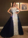 Unique Strapless Silver Sequin With Navy Satin A-line Long Cheap Prom Dresses, PDS0093