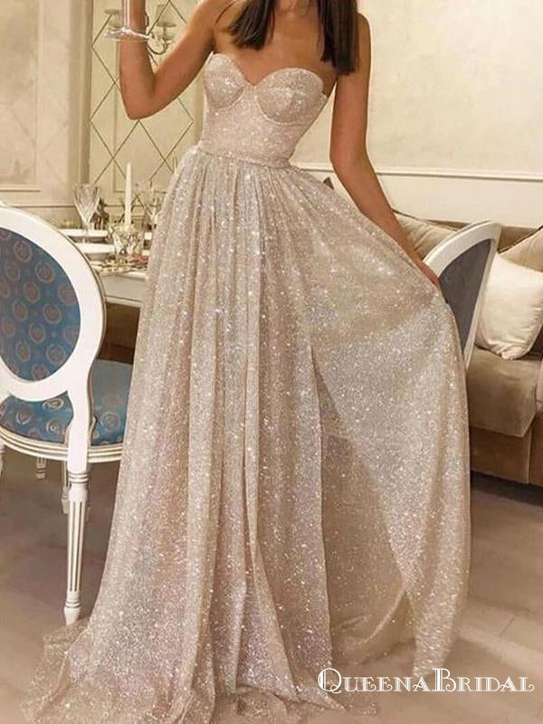 Sweetheart Sparkly Off-White Sequin Side Slit A-line Long Cheap Prom Dresses, PDS0075