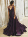 A-Line V-Neck Long Grape Satin Cheap Prom Dresses with Beading, QB0689