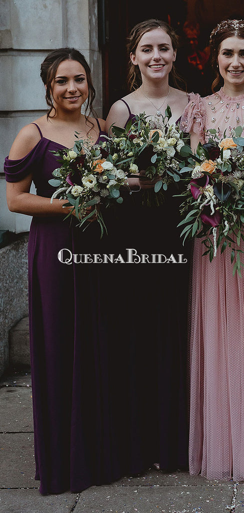 Newest Off-Shoulder Purple Chiffon A-line Long Cheap Bridesmaid Dresses, BDS0126