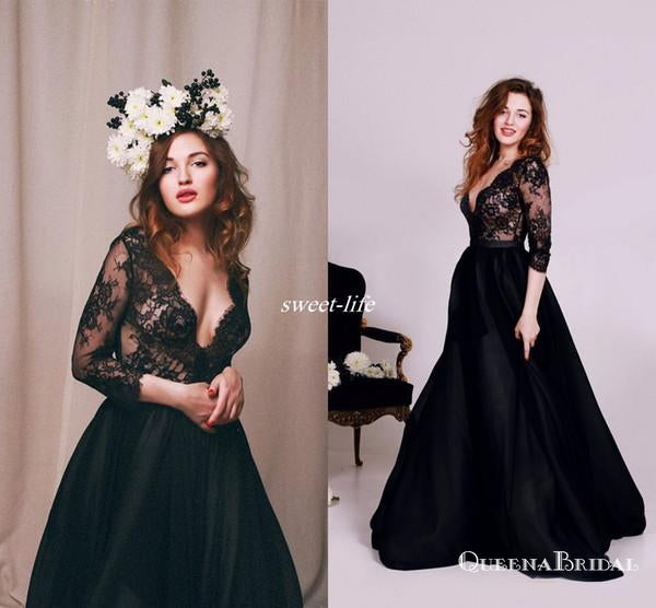 Honorable Black Deep V-neck 3/4 Sleeves Long Cheap Prom Dresses with Lace, QB0572