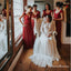 A-Line V-Neck Red Cap Sleeve Pleated Bridesmaid Dresses with Lace, QB0748