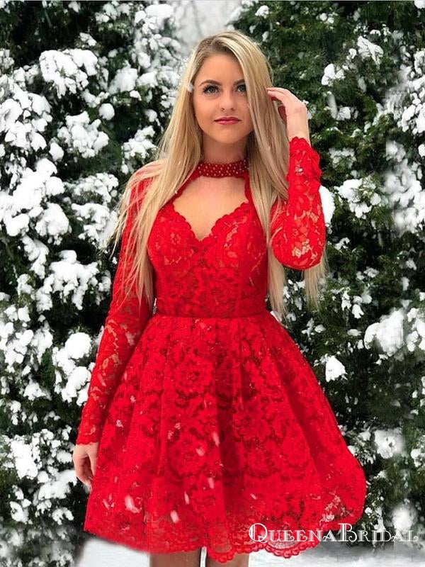 Lace Red Halter Chic Long-Sleeves A-Line Short Homecoming Dresses, QB0833
