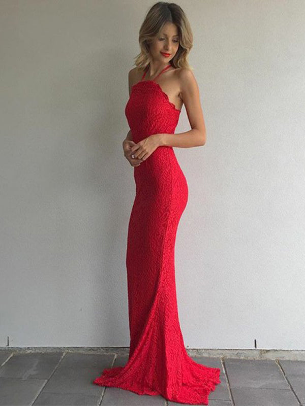 Mermaid Halter Backless Sweep Train Red Lace Prom Dresses Online, QB0249
