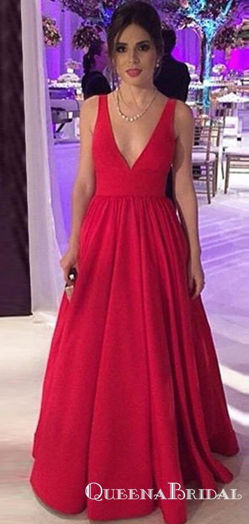 A-Line Deep V-Neck Long Backless Red Satin Prom Dresses with Bow, QB0574