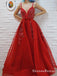 A-Line Spaghetti Straps Red Beaded Prom Dresses with Appliques, QB0711