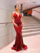 Sexy Mermaid V Neck Spaghetti Straps Red Satin Long with Split Prom Dresses, QB0565