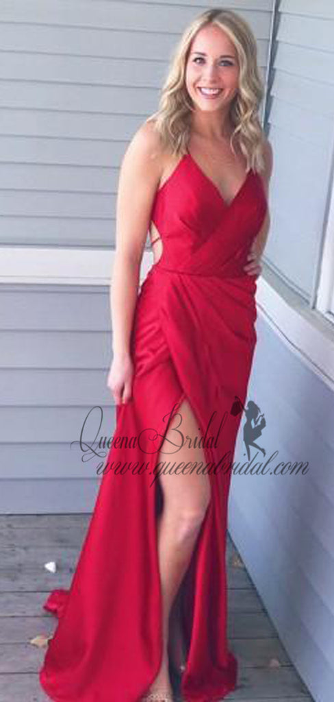 Sexy Backless Red Side Slit Mermaid Long Evening Prom Dresses, QB0460
